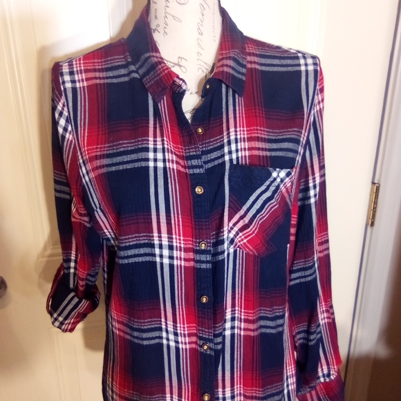 Rustic Outfitters Blouse Junior Girl's Size 1X Button Up Blue & Red - Picture 3 of 6
